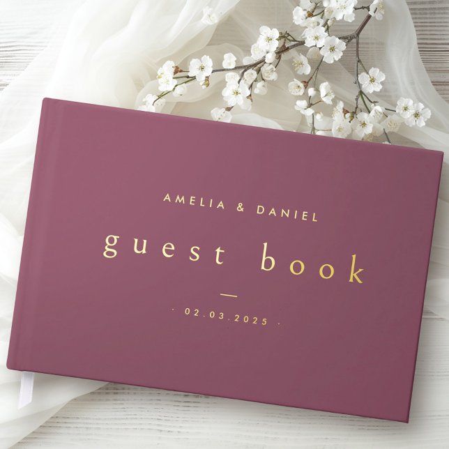 Livre D'or Mauve moderne noms de mariage et date vrai foin (Modern mauve wedding names and date real foil guest book)