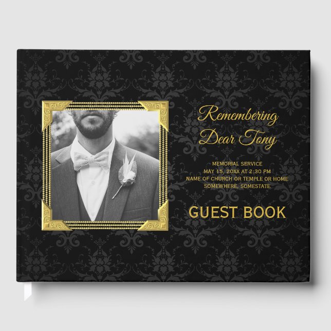 Livre D'or Memorial Ajouter votre photo Black Damask Gold Fra (Recto)