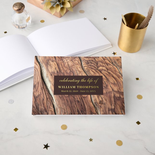 Livre D'or Memorial Celebration Life Funérailles Rustic Wood  (Recto ouvert)