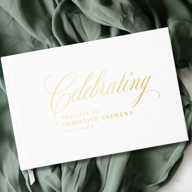 Livre D'or Mémorial "Célébrer la vie de" Gold-Foil, Blanc (Memorial "Celebrating the life of"Gold-Foil, White Foil Guest Book)