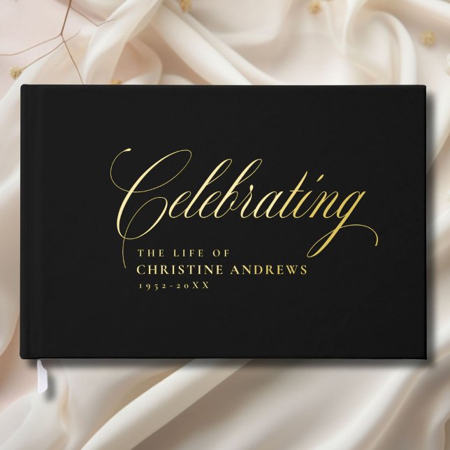 Livre D'or Mémorial "Célébrer la vie de" Gold-Foil, Noir (Memorial "Celebrating the life of"Gold-Foil, Black Foil Guest Book)