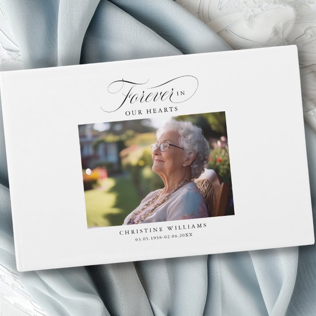 Livre D'or Mémorial, nom, photo "Forever in our Hearts" ("In Loving Memory" Memorial, Name, Quote " celebration of life, white, photo, funeral guest book.)