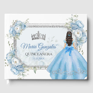 Livre D'or Mis Quince Bleu Floral Argent Couronne Quinceañera