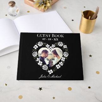 Livre D'or Modern Black and White Floral Heart Wedding Guest 