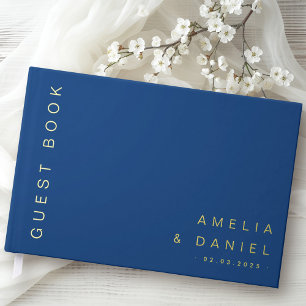 Livre D'or Moderne bleu foncé brun mariage noms date feuille