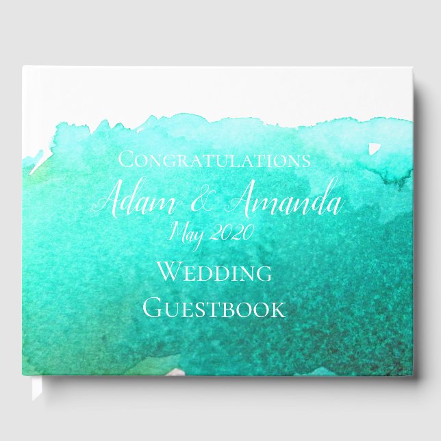 Livre D'or Moderne simple turquoise bleu aquarelle art mariag (Recto)