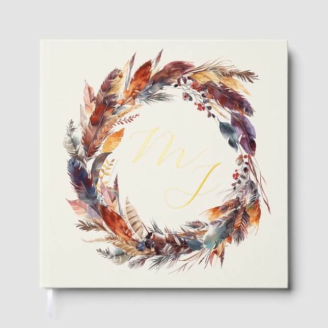 Livre D'or Monogram Boho Feathers Wreath Mariage Gold Foil (Recto)