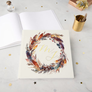 Livre D'or Monogram Boho Feathers Wreath Mariage Gold Foil