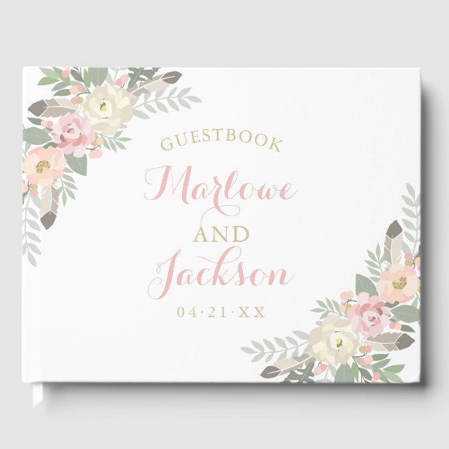 Livre D'or Monogramme de mariage blanc Bohème floral plume (Recto)