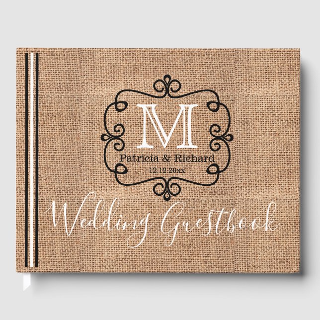 Livre D'or Monogramme de Mariage campagnard de Burlap rustiqu (Recto)