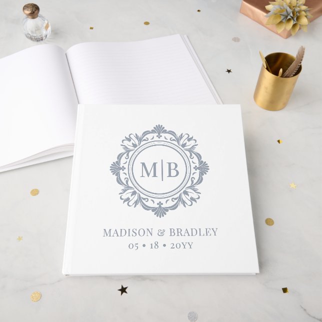 Livre D'or Monogramme de mariage floral argenté élégant (Recto ouvert)
