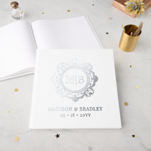 Livre D'or Monogramme Floral Orné Mariage Élégant Argent
