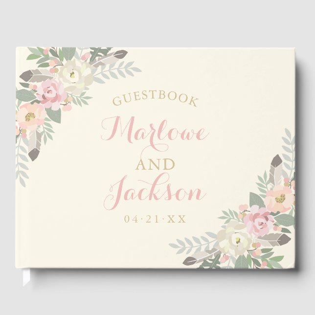 Livre D'or Monogramme Mariage de Boho rose et or (Recto)