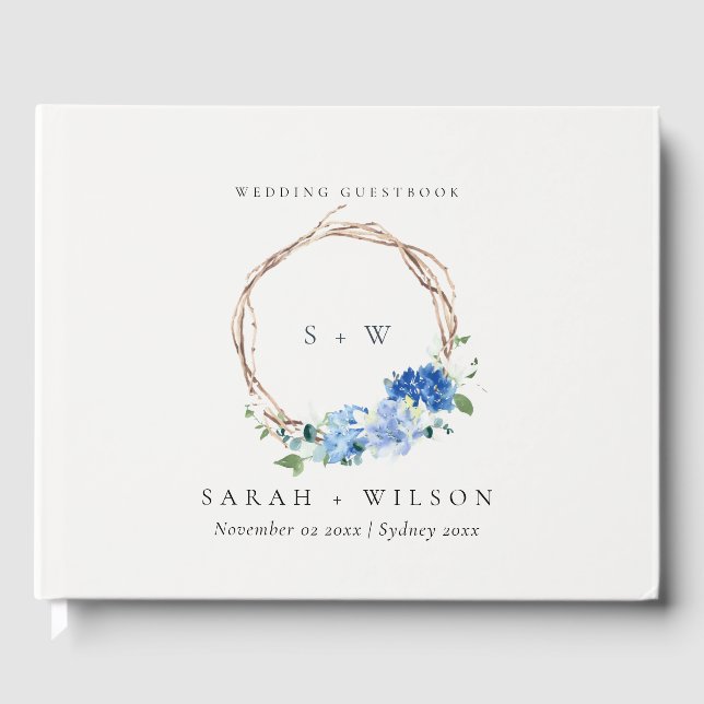 Livre D'or Monogramme Mariage en bois floral bleu vif (Recto)