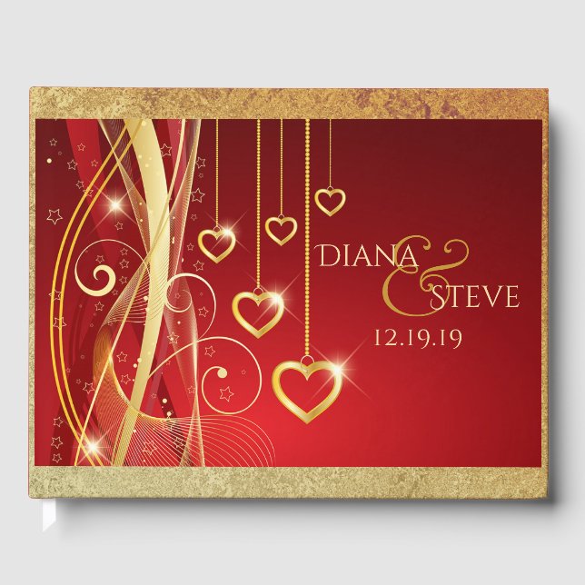 Livre D'or Monogramme Mariage romantique | Red Gold Hearts (Recto)