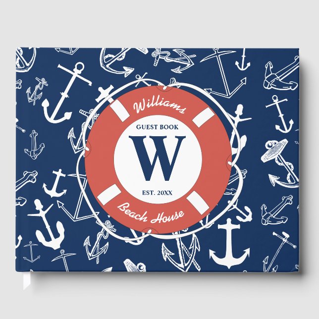 Livre D'or Monogramme marine Ancre bleue Maison de plage (Recto)