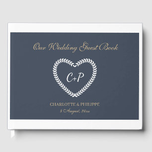 Livre D'or Monogramme Marine Bleu Blanc Or Coeur en forme de