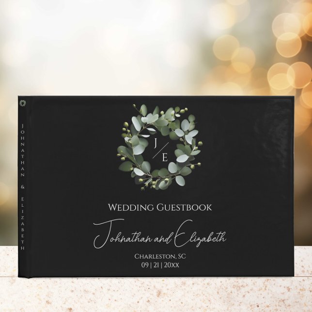 Livre D'or Monogramme moderne Eucalyptus Mariage de couronne  (Black Modern Monogram Eucalyptus Wreath Wedding Guestbook)