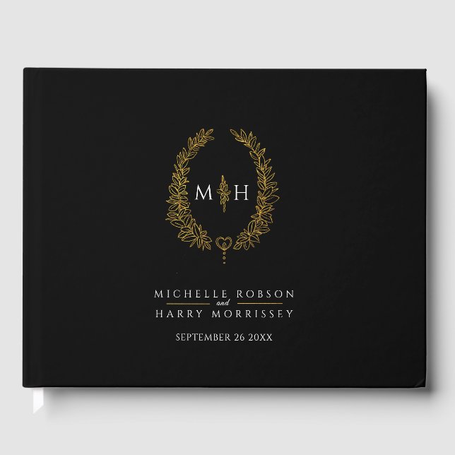 Livre D'or Monogramme oval coeur feuille noir blanc mariage (Recto)
