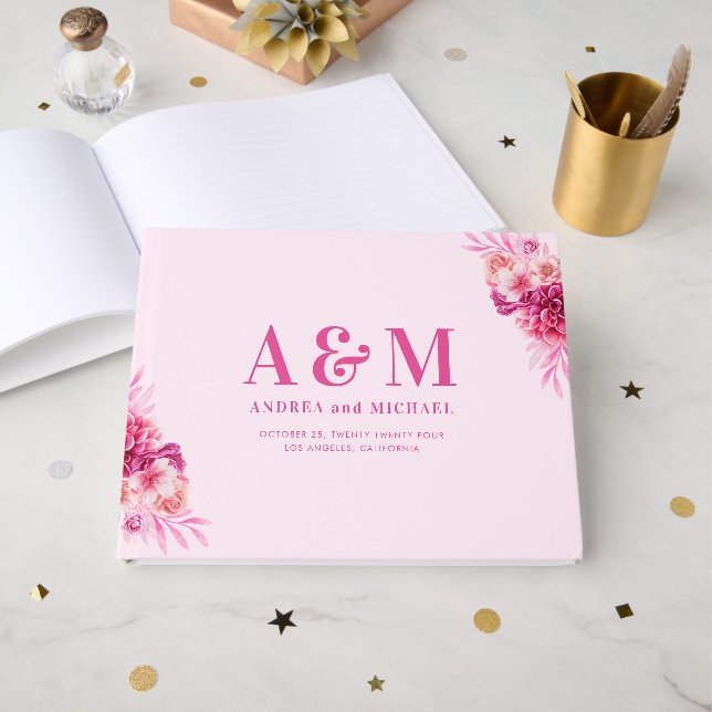 Livre D'or Monogramme rose chaud vibrant Élégant Mariage (Recto ouvert)