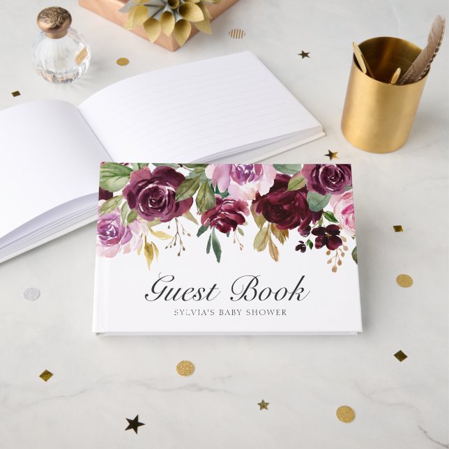 Livre D'or Moody Plum Floral Girl Baby shower (Recto ouvert)