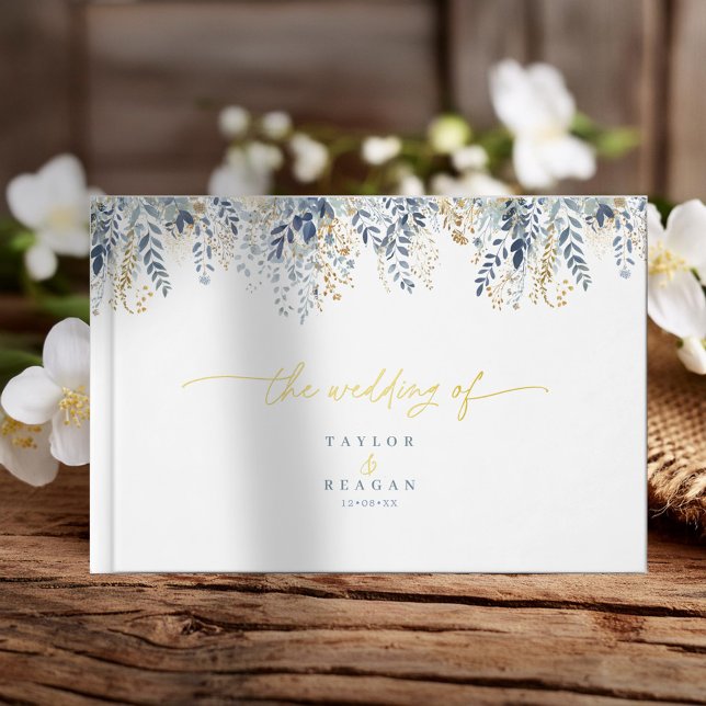 Livre D'or Motif Floral doux Dusty Blue Gold Foil ID1045 (Créateur téléchargé)