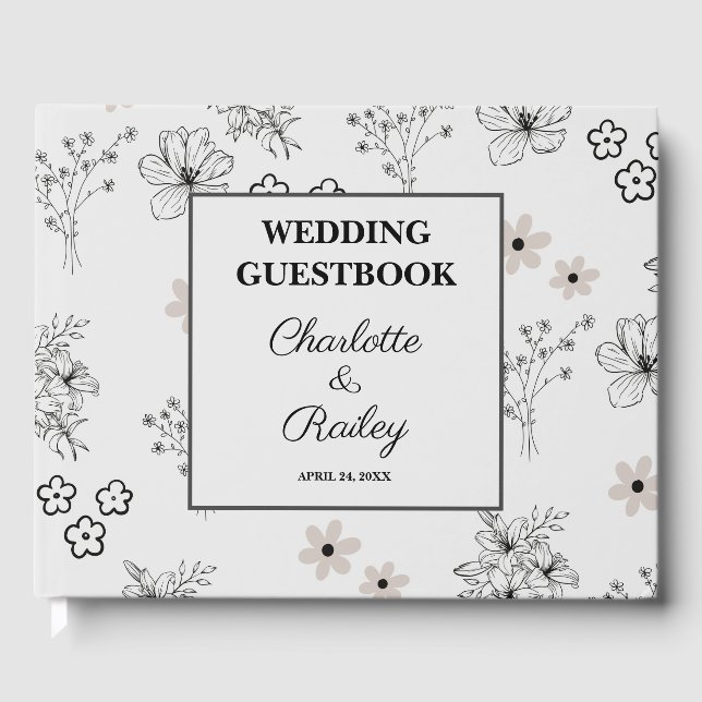 Livre D'or Motif gris noir rétro Y2K Hippie Fleur Mariage (Recto)