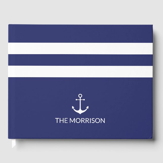 Livre D'or Nautical Stripes Nom du bateau Marine bleu blanc a (Recto)