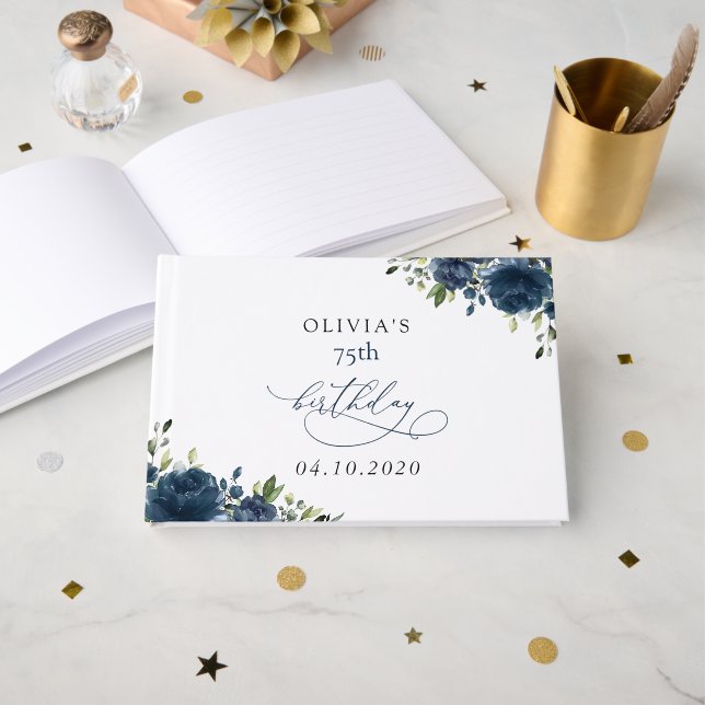 Livre D'or Navy Blue Flowers, Greenery, Boho, Birthday (Recto ouvert)