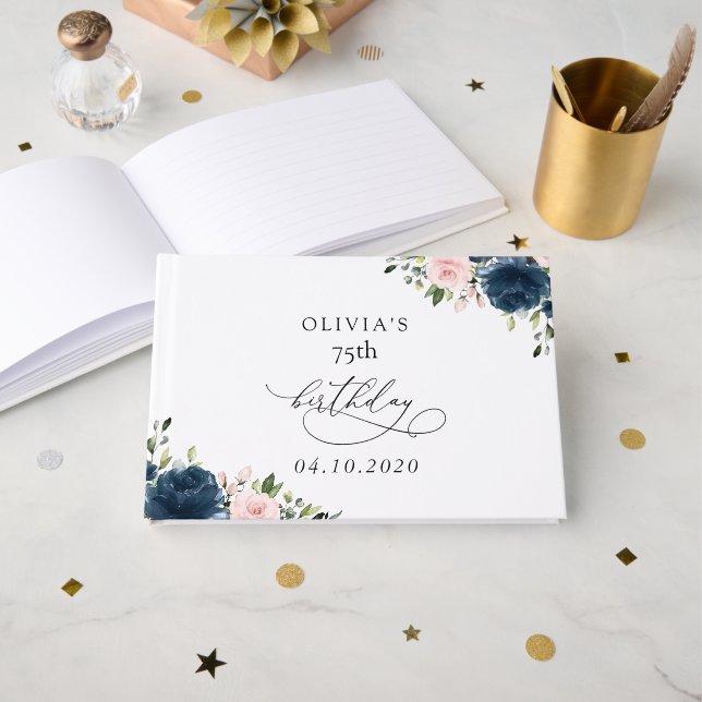 Livre D'or Navy Blue Flowers, Pink Flowers, Boho, Birthday (Recto ouvert)