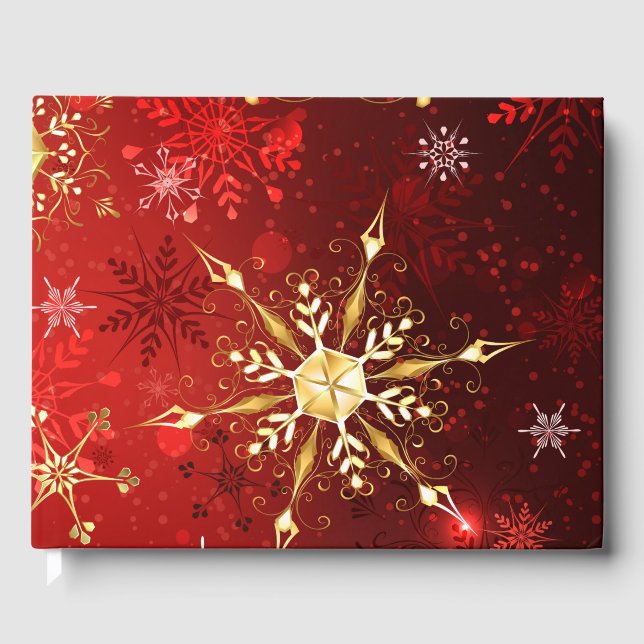 Livre D'or Noël Golden Snowflakes sur Arrière - plan rouge (Recto)