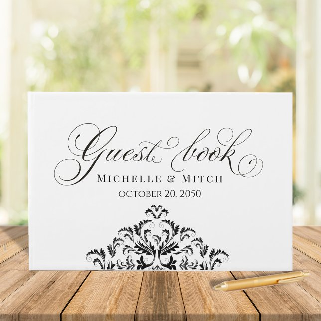 Livre D'or Noir et blanc Mariage calligraphie classique (Wedding guest book calligraphy script simple black and white)