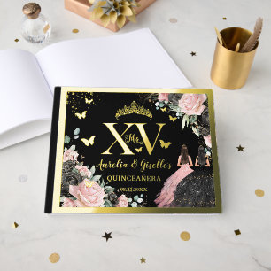 Livre D'or Noir Rose Fleurie Quinceanera Quince 15 XV Jumeaux