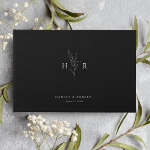 Livre D'or Noir Simple Minimal Monogramme Mariage botanique