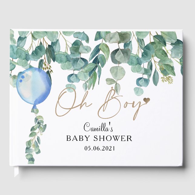 Livre D'or Oh garçon Eucalyptus Baby shower bleu ballon (Recto)