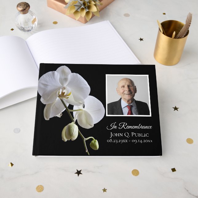 Livre D'or Orchidée blanche sur Black Funeral Photo (Recto ouvert)