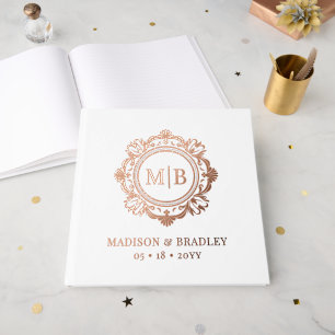 Livre D'or Orné Floral Monogramme Mariage Élégant Rose Or