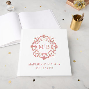 Livre D'or Orné Floral Monogramme Mariage Élégant Rose Or