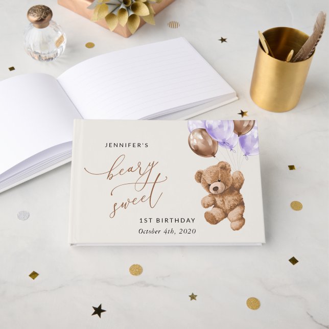 Livre D'or Ours En Jeu, Ballons Violets, Premier Anniversaire (Recto ouvert)