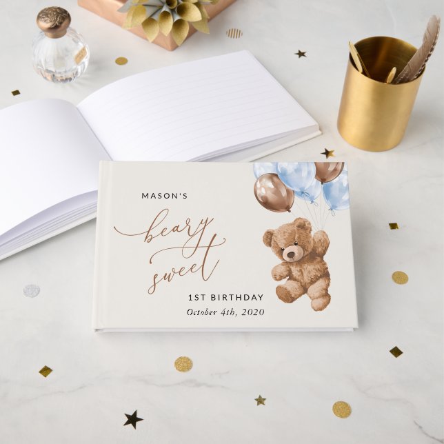 Livre D'or Ours En Joue, Ballons Bleus, Premier Anniversaire (Recto ouvert)
