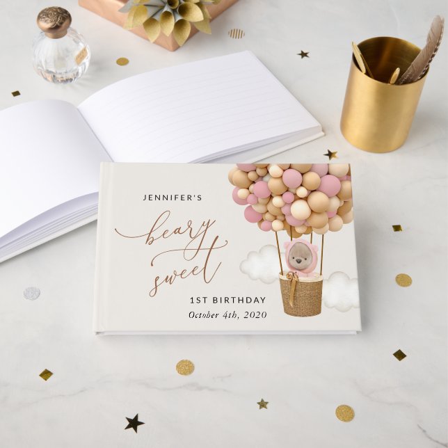 Livre D'or Ours mignon, Ballons roses, Premier Anniversaire (Recto ouvert)
