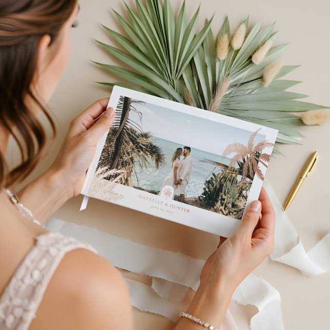 Livre D'or Palmiers tropicaux Mariage élégant Monogramme phot (Tropical Palm Trees Elegant Wedding Photo Monogram Foil Guest Book)