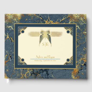 Livre D'or Papillon Art Déco Monogramme Mariage bleu et or