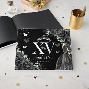 Livre D'or Papillons à robe noire Floral Silver Quinceañera