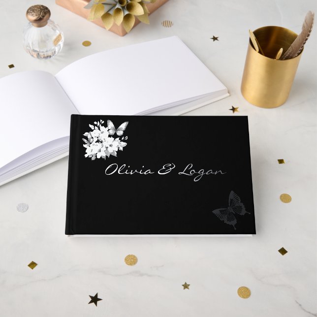 Livre D'or Papillons & Fleurs Mariage noir à huile d'argent (Recto ouvert)