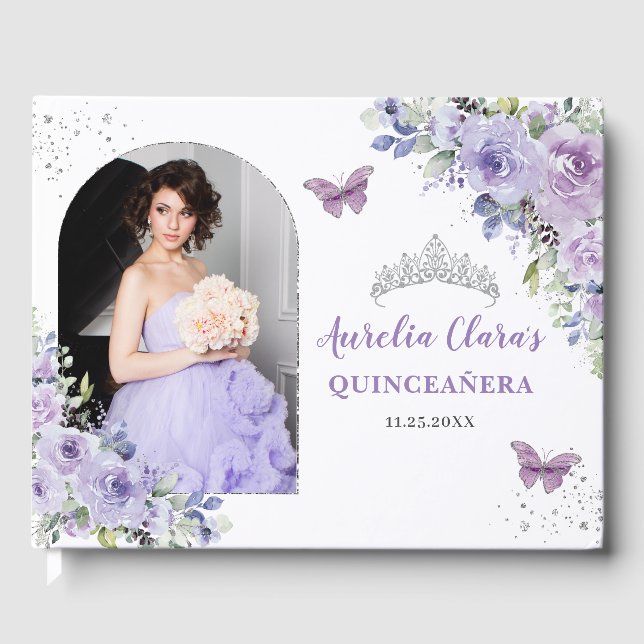 Livre D'or Papillons Floraux Champagne Quinceañera Photo (Recto)