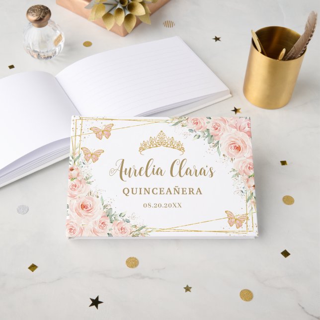 Livre D'or Papillons floraux rose pâle Quinceanera (Recto ouvert)