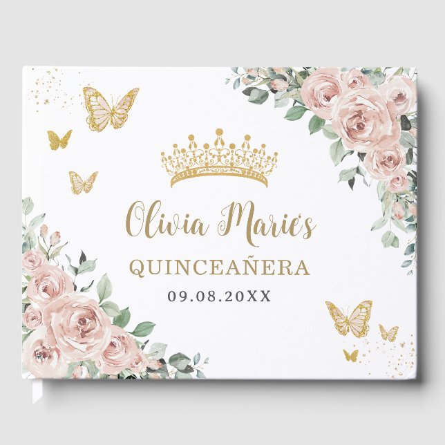 Livre D'or Papillons Floraux Roses Bleues Or Quinceañera (Recto)