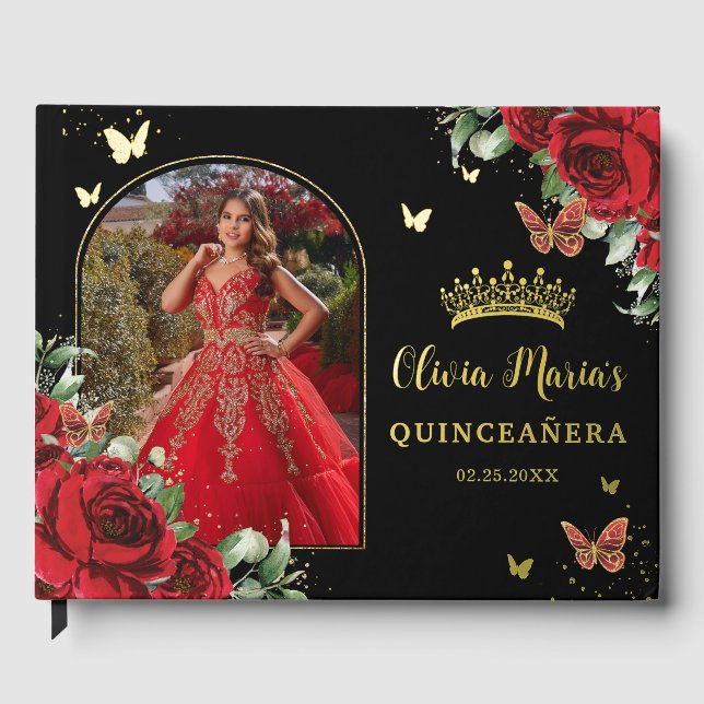 Livre D'or Papillons floraux rouges Quinceañera noir Photo (Recto)