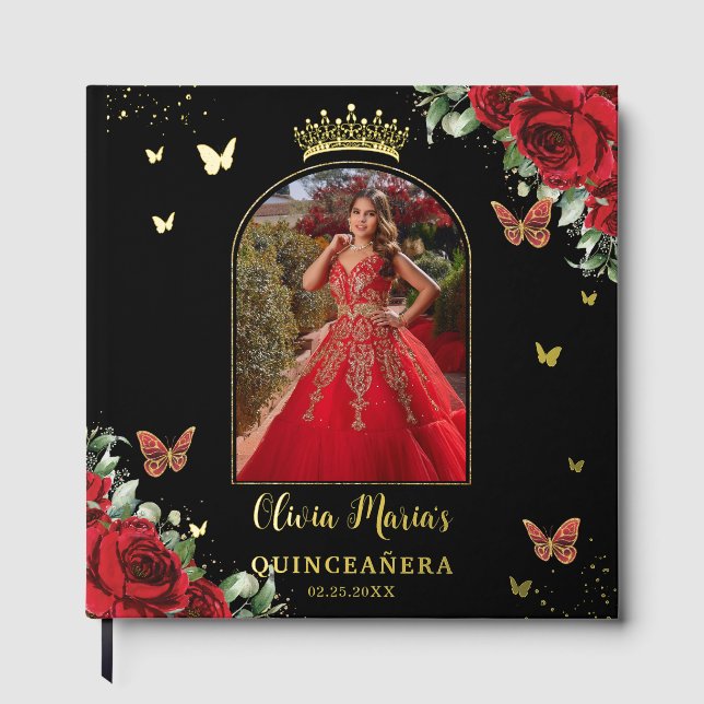 Livre D'or Papillons floraux rouges Quinceañera noir photo (Recto)
